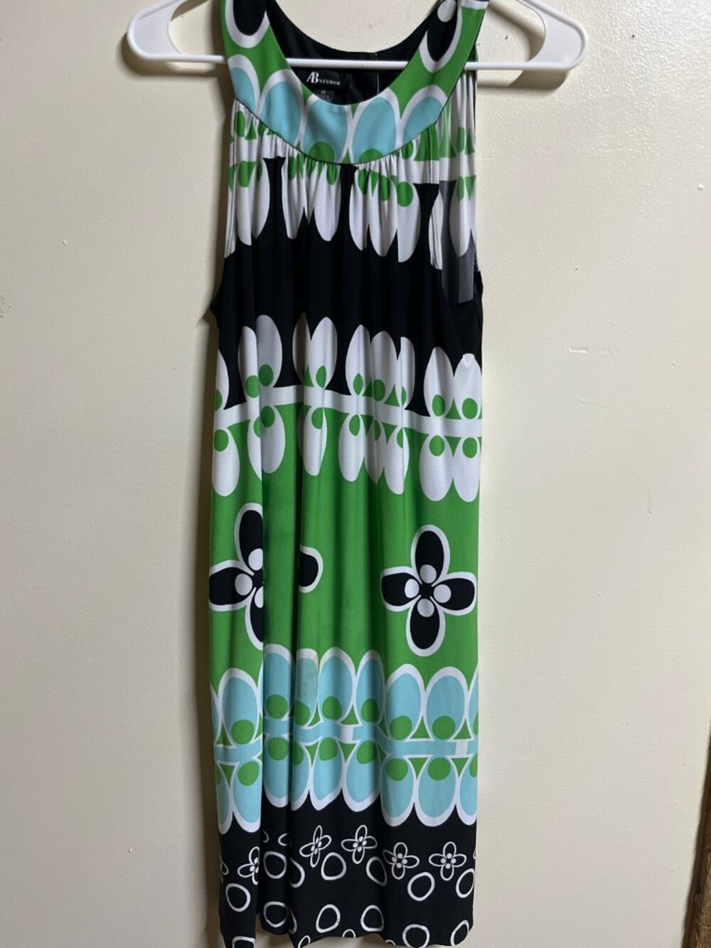 AB Studio Women's Medium Sleeveless Green Black White Blue Floral Midi Dress